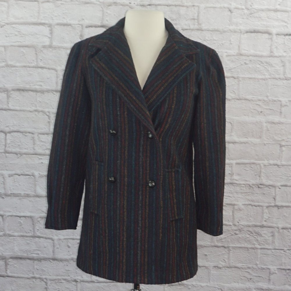 Vintage 70s Rainbow Vertical Striped Wool Pea Coat Small